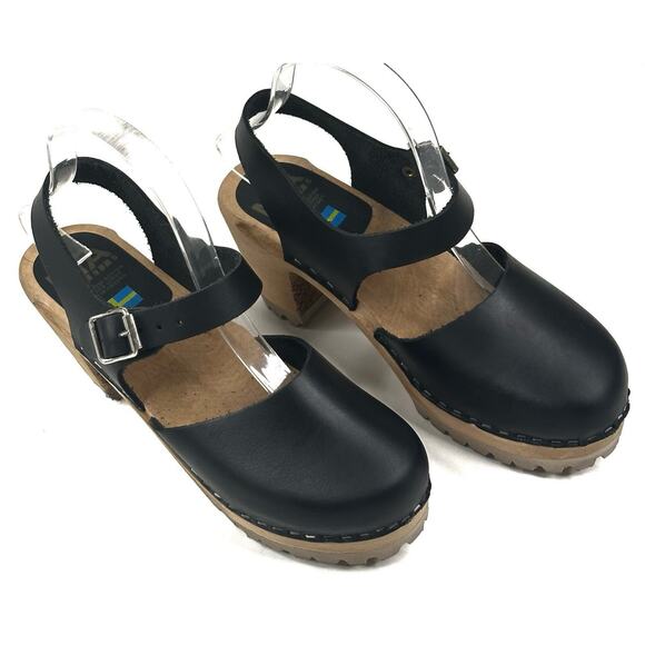 MIA Abba Swedish Wooden Clogs Black Leather Ankle Strap Size EU39 US8.5 New $120 - Picture 1 of 10